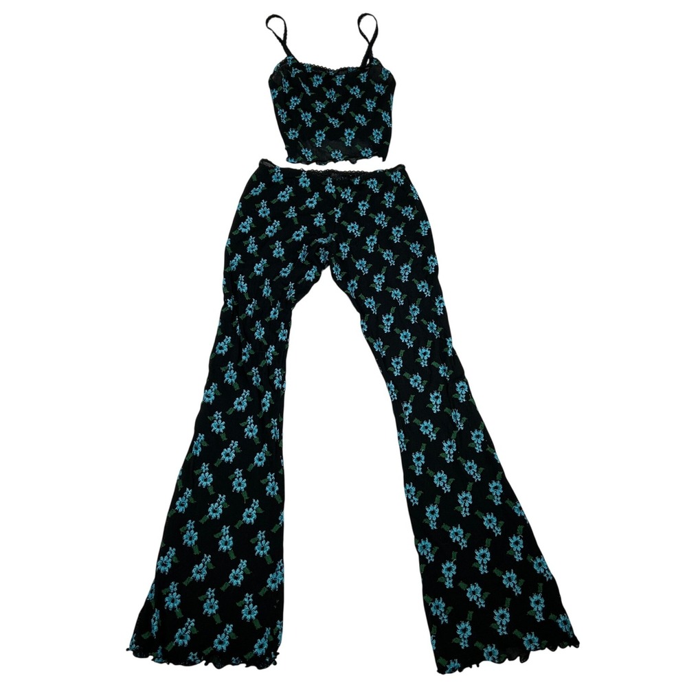Fantasy Lingerie VTG Black Blue Floral Mesh 2 Pc Set Cami & Flare Pants Lettuce